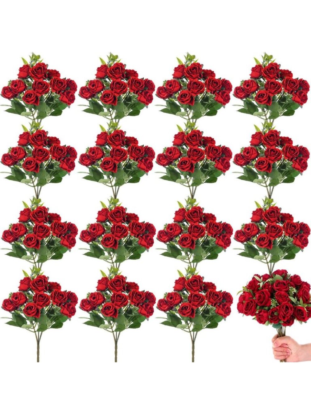 16 Bunches Red Artificial Rose Bouquet - Realistic Floral Decor for Home